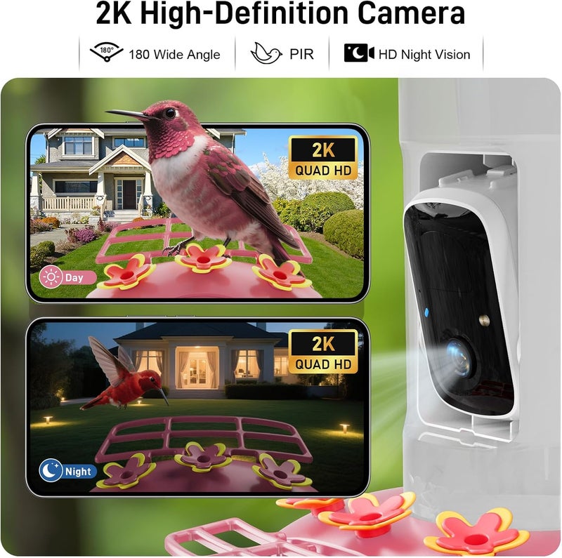 SV3C Hummingbird Feeder with Camera Outdoor, Hanging Bird Feeder with Ant Moat & Bee-Proof, HD 2K Solar Powered, AI Bird Identify, Instant App Alerts, Auto Capture, Hummingbird Lover Gifts, 21oz, Pink - Image 4